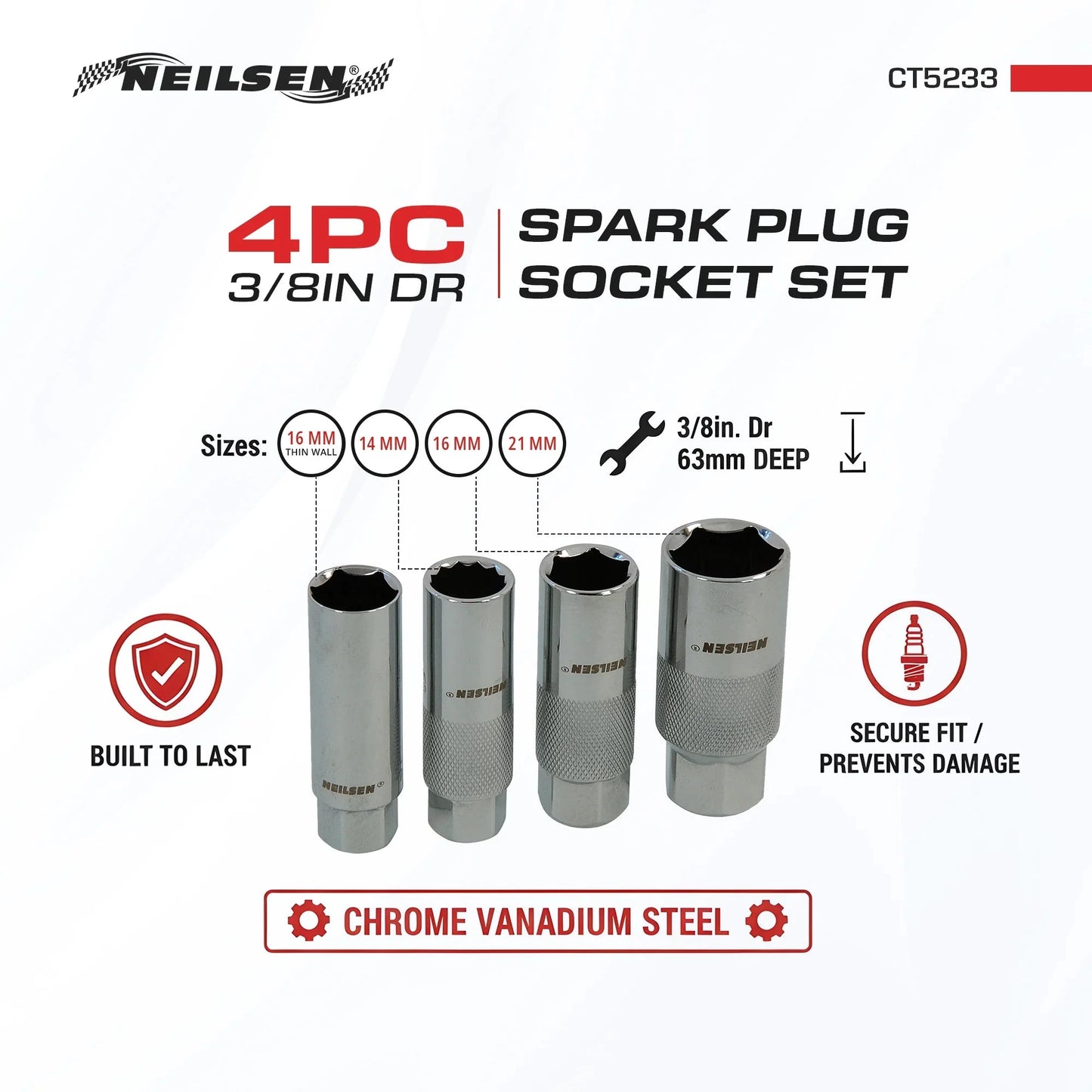 CT5233 - 4pc 3/8in Dr Spark Plug Socket Set Thin Wall