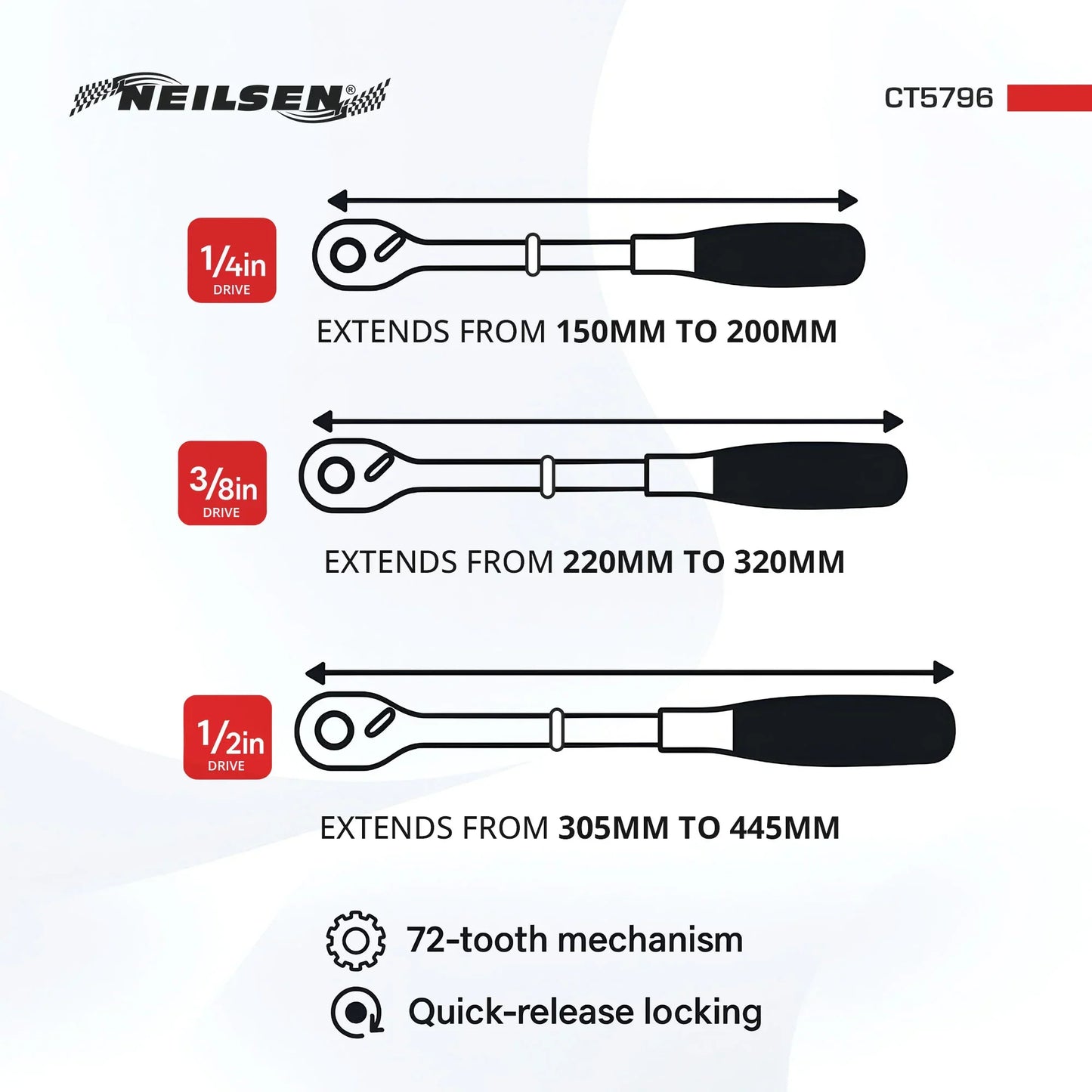 CT5796 - 3pc Extending Ratchet Set