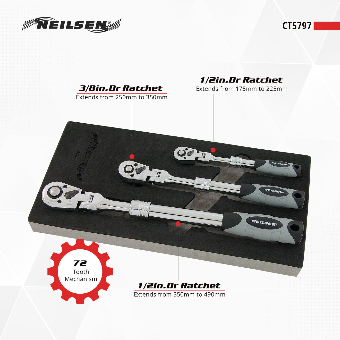 CT5797 - 3pc Extending Ratchet with Swivel Head Set