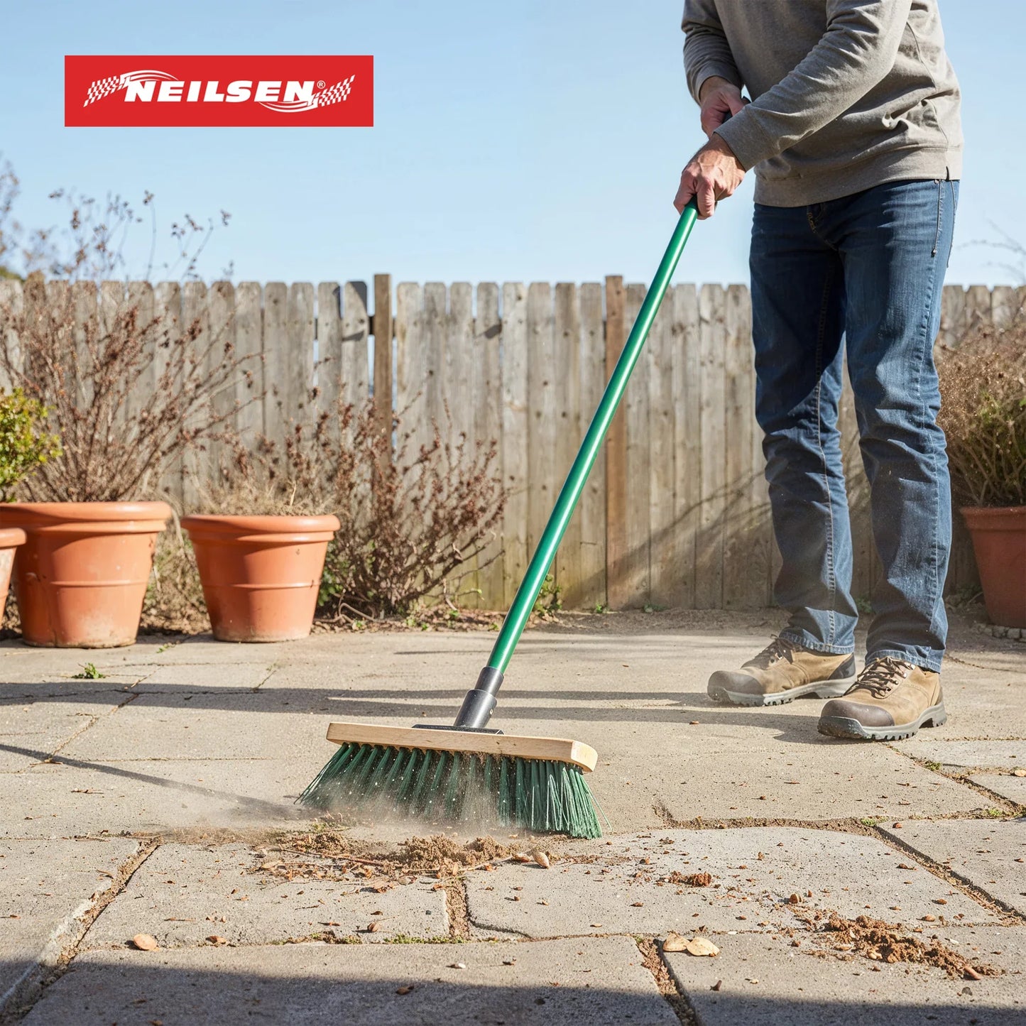 CT6905 - Green Stiff Bristle Broom & Screw Fit Metal Handle - 300mm