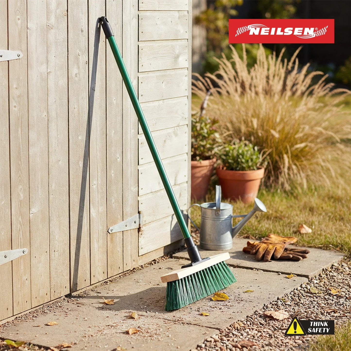 CT6905 - Green Stiff Bristle Broom & Screw Fit Metal Handle - 300mm