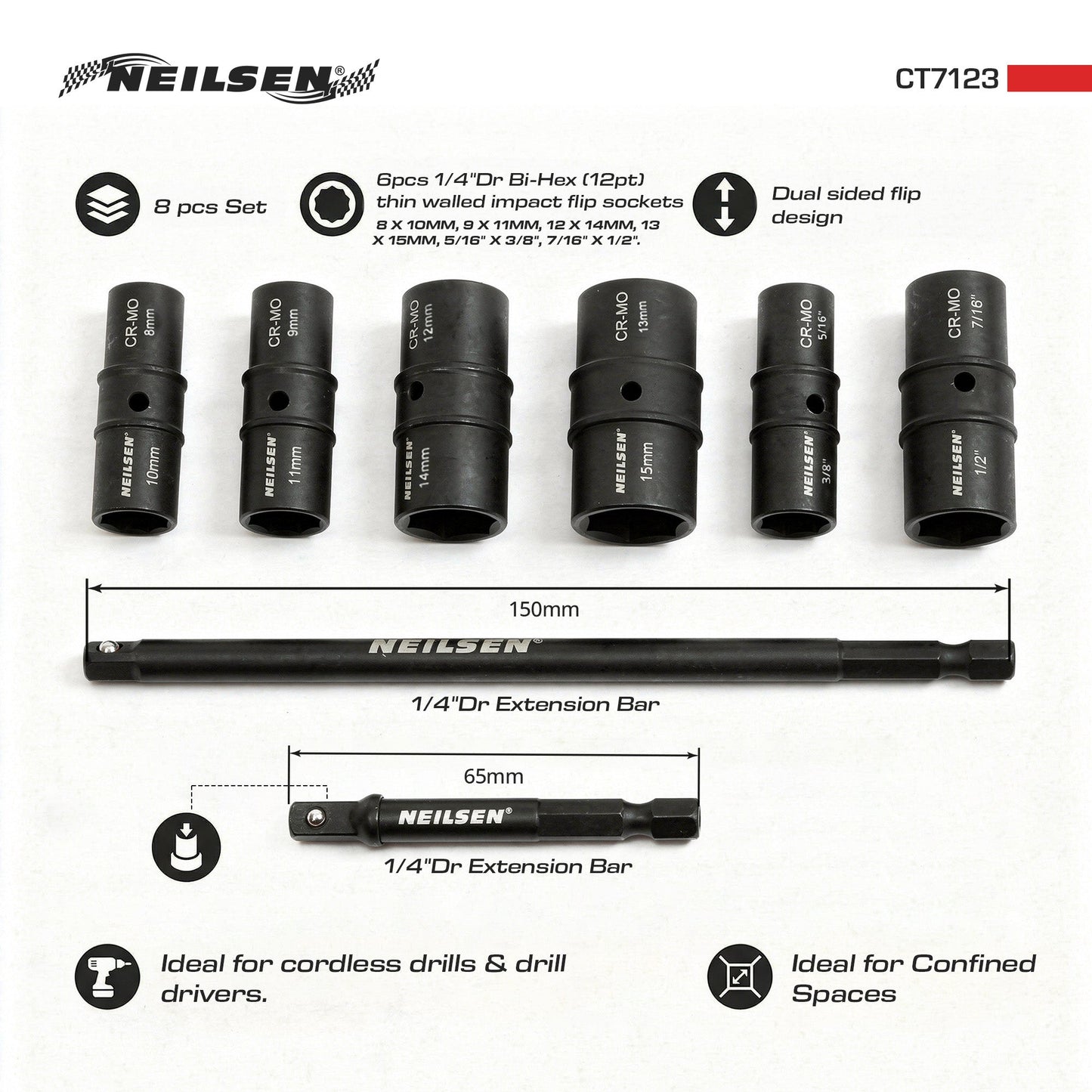 CT7123 - 8pc 1/4inch Double Ended Thin Wall Socket Set