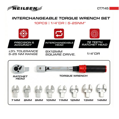 CT7145 - 10pc 1/4 Inch Dr Interchangeable Torque Wrench Set