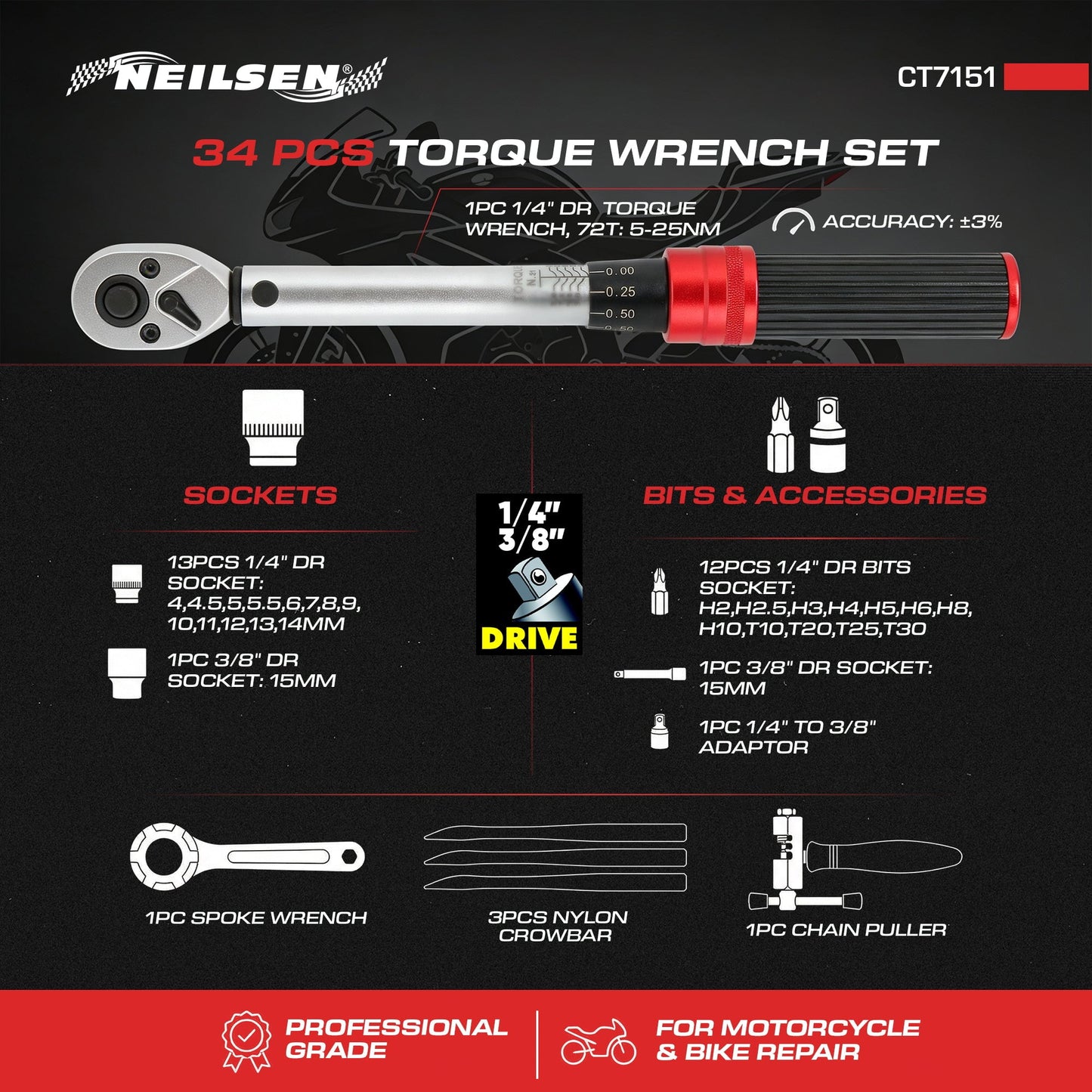 CT7151 - 34pc Torque Wrench Set Ideal for For Motorcycle and Bike Repair