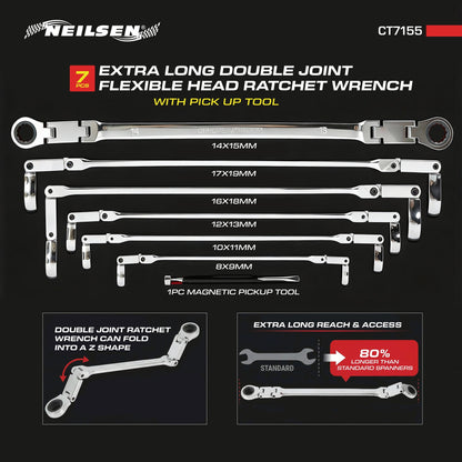 CT7155 - 7pc Extra Long Double Joint Flexible Head Ratchet Wrench With Pick Up Tool