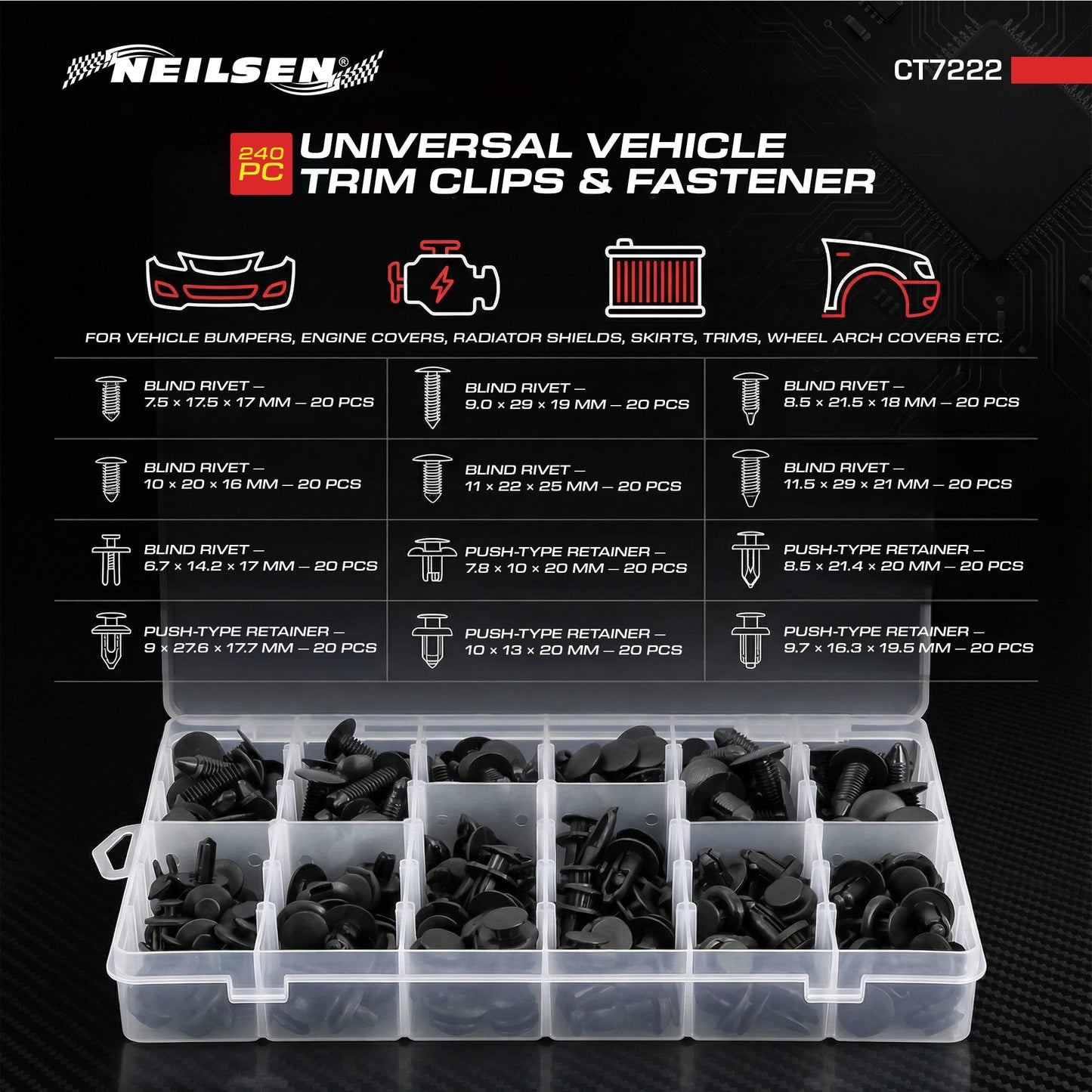 CT7222 - 240pc Universal Vehicle Trim Clips & Fastener