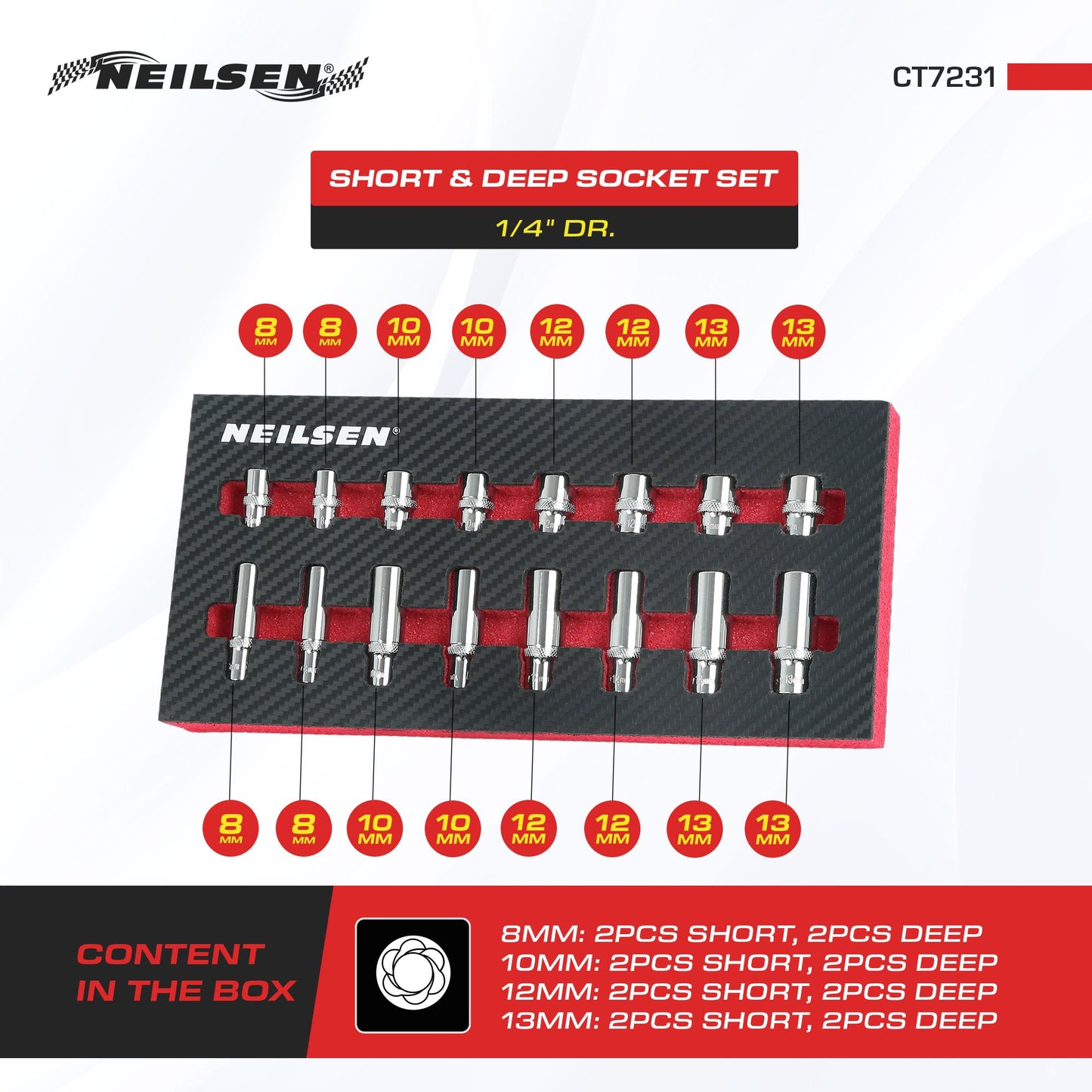 CT7231 - 16pc Short & Deep 1/4 Inch Dr 8mm ,10mm,12mm,13mm 6PT Socket Set
