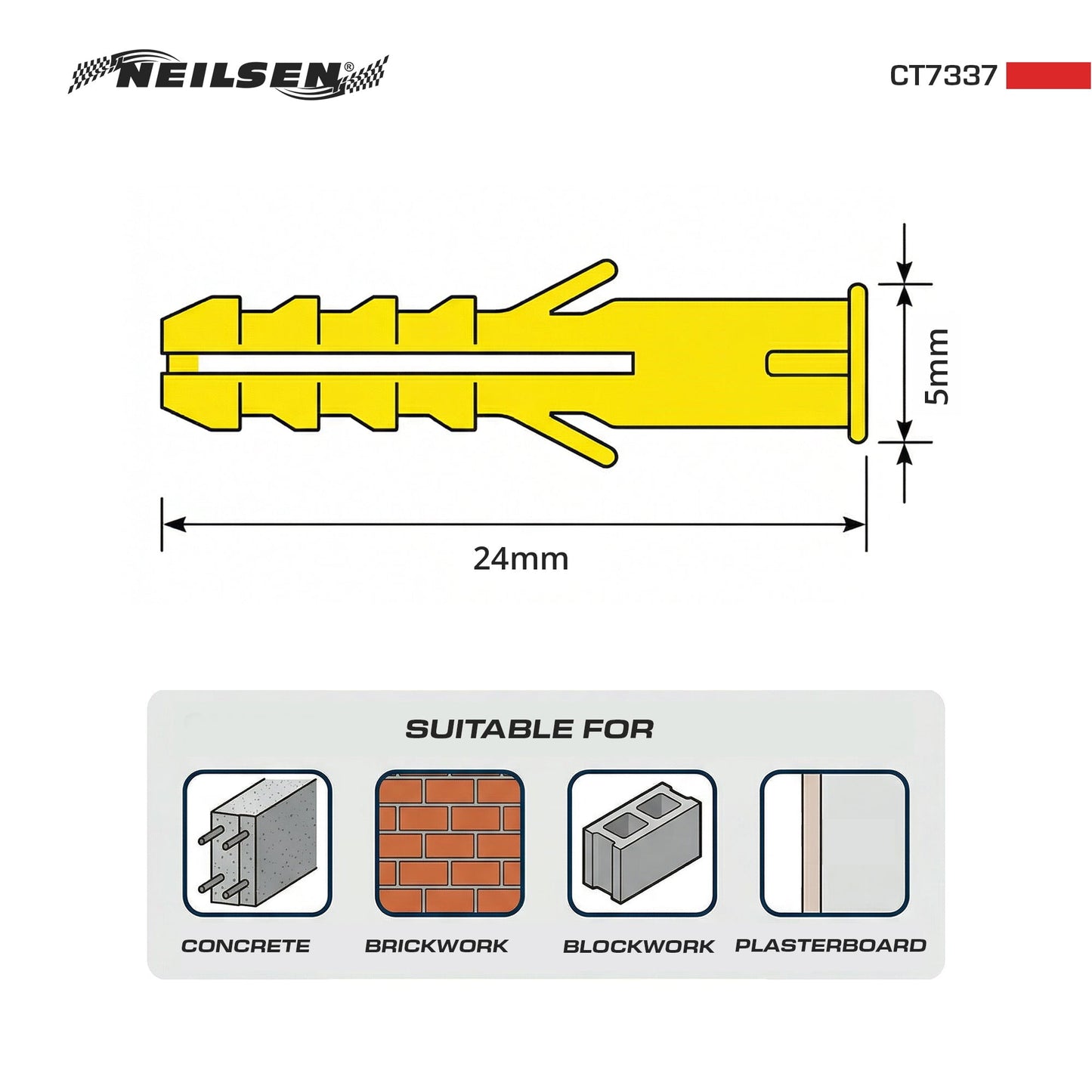 CT7337 - Universal Wall Fixings Anchor Yellow 5mm 100 Plugs