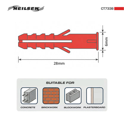 CT7338 - Universal Wall Fixings Anchors Red 6mm 100 Plugs