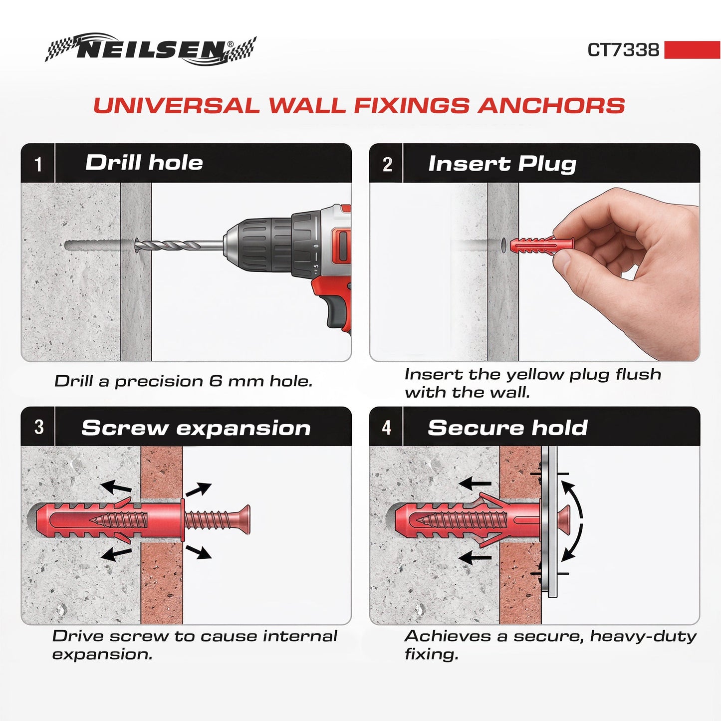 CT7338 - Universal Wall Fixings Anchors Red 6mm 100 Plugs