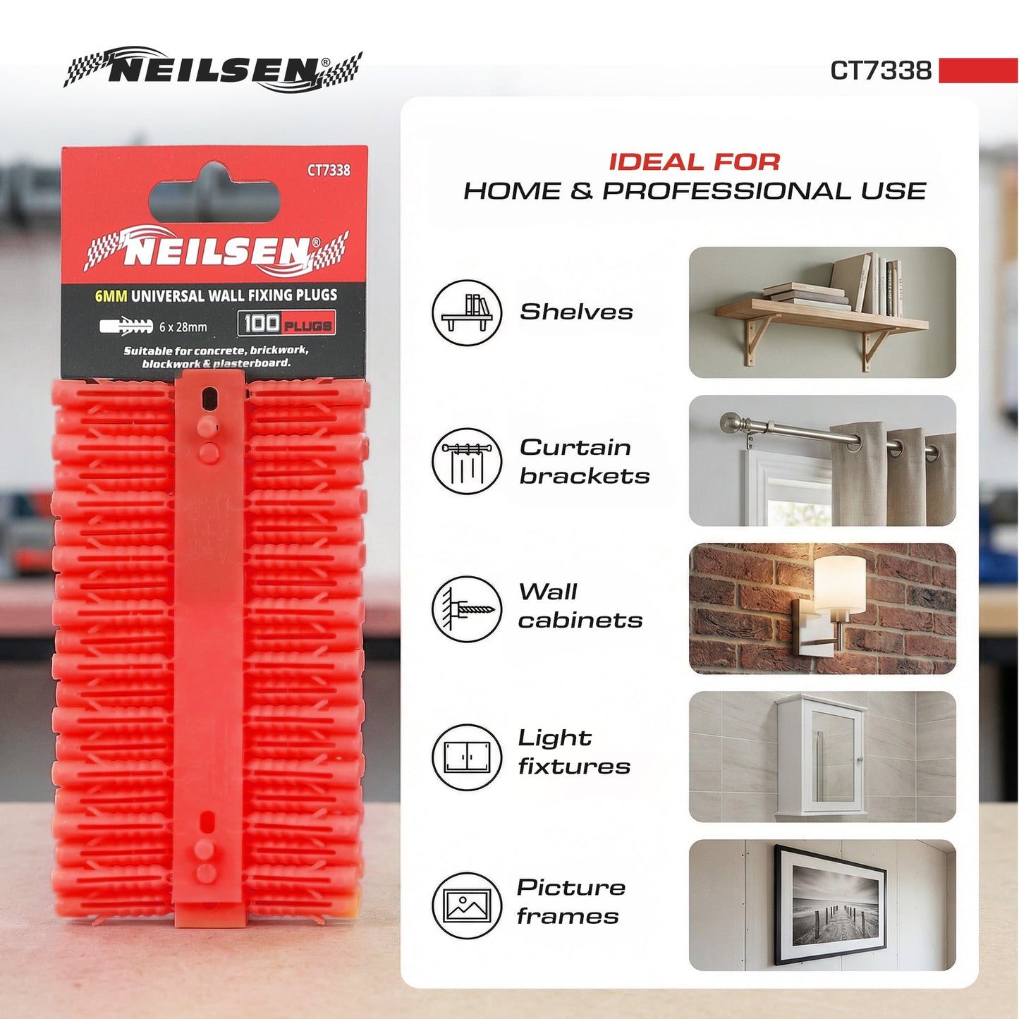 CT7338 - Universal Wall Fixings Anchors Red 6mm 100 Plugs