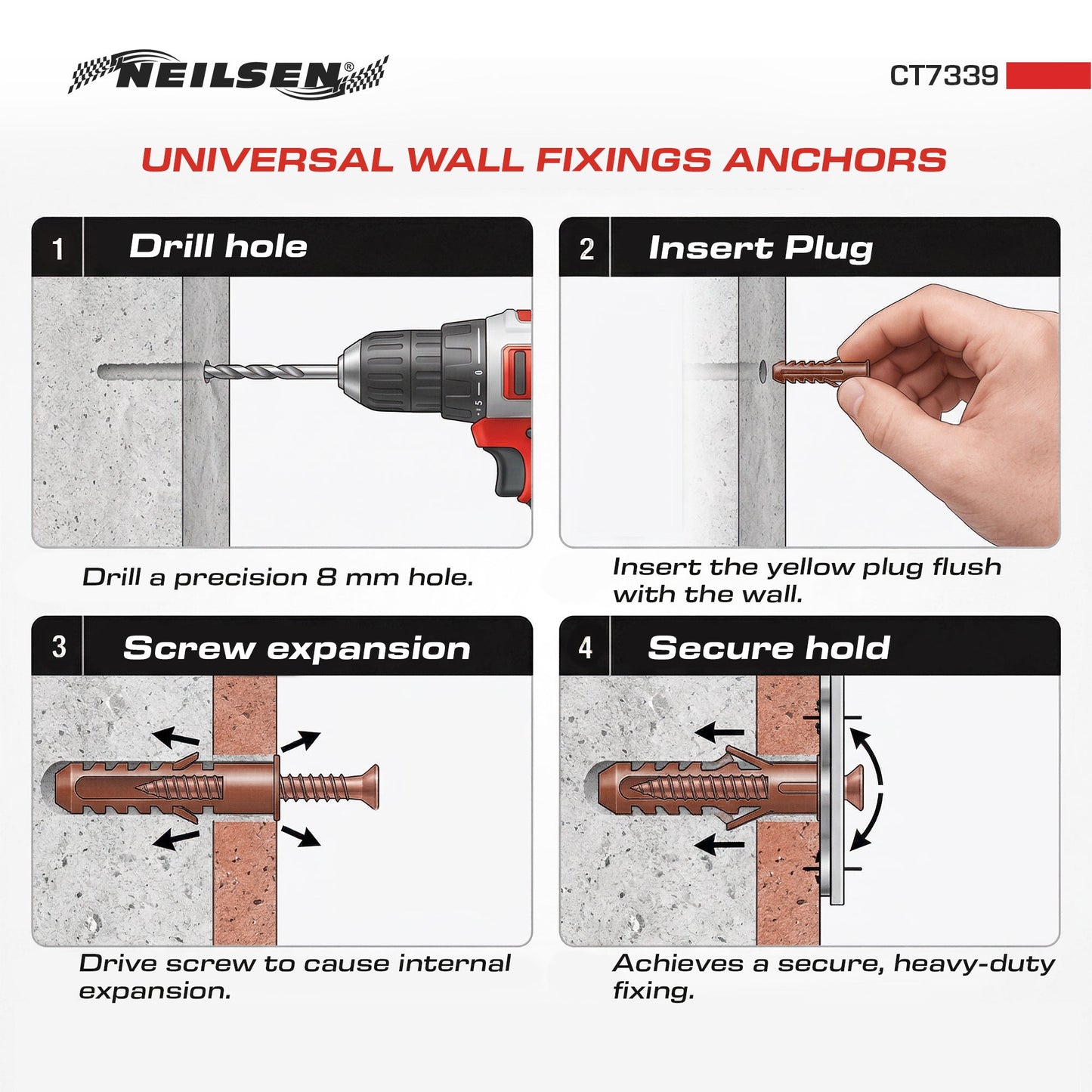 CT7339 - Universal Wall Fixings Anchors Brown 8mm 100 Plugs