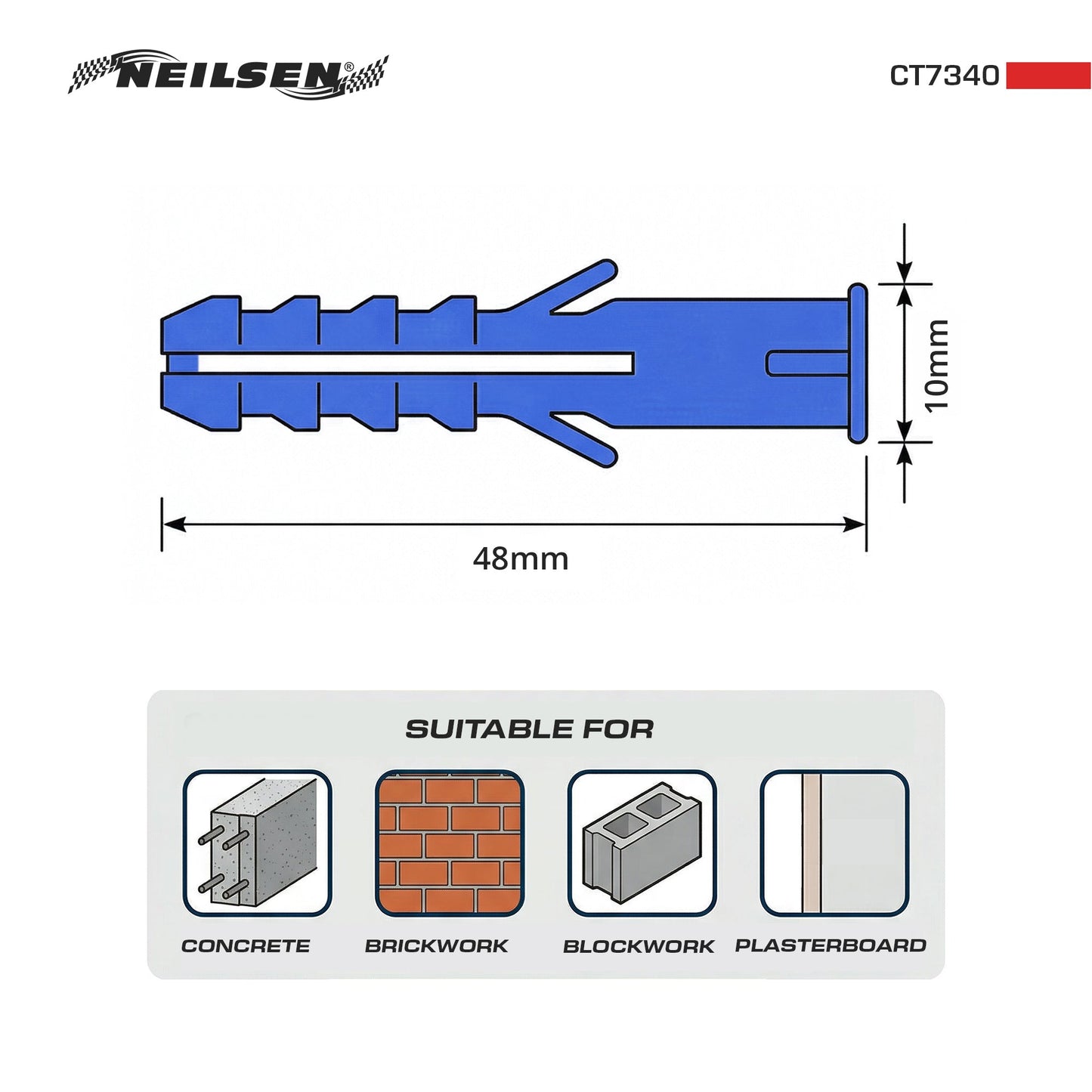 CT7340 - Universal Wall Fixings Anchors Blue 10mm 100 Plugs
