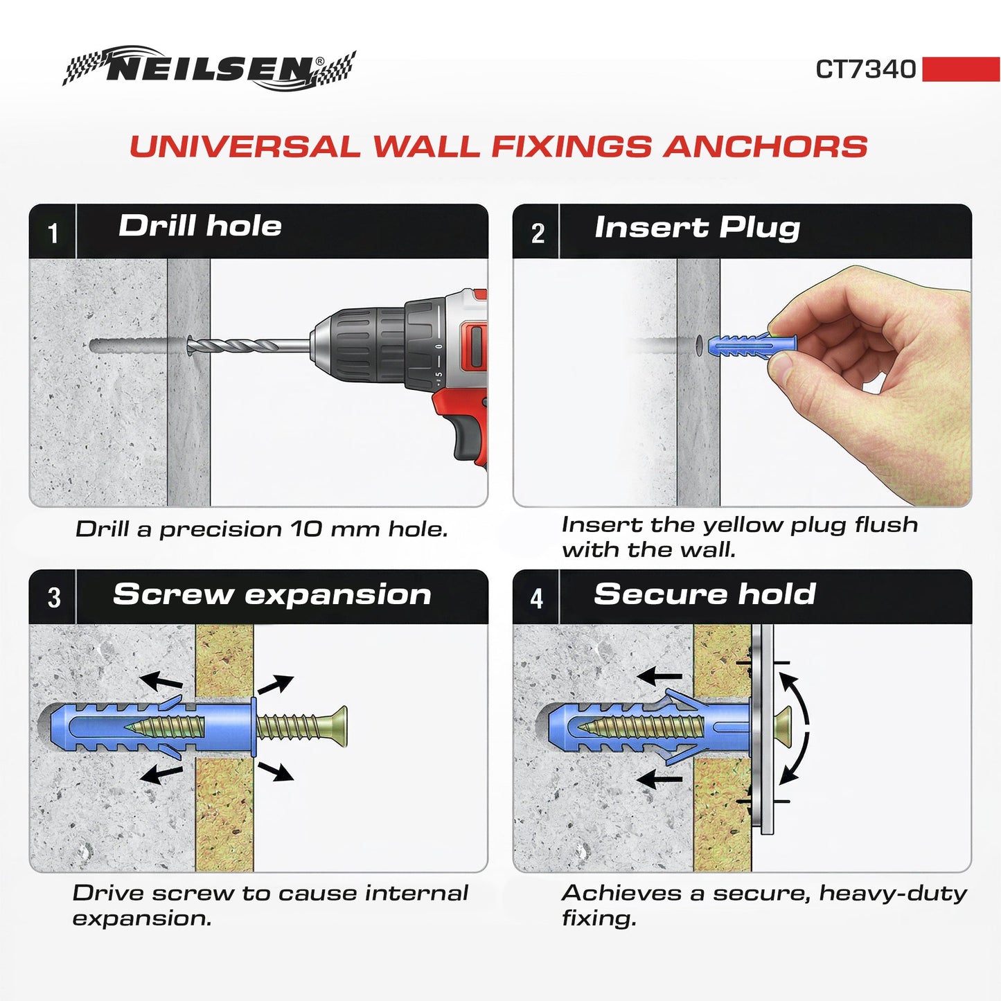 CT7340 - Universal Wall Fixings Anchors Blue 10mm 100 Plugs