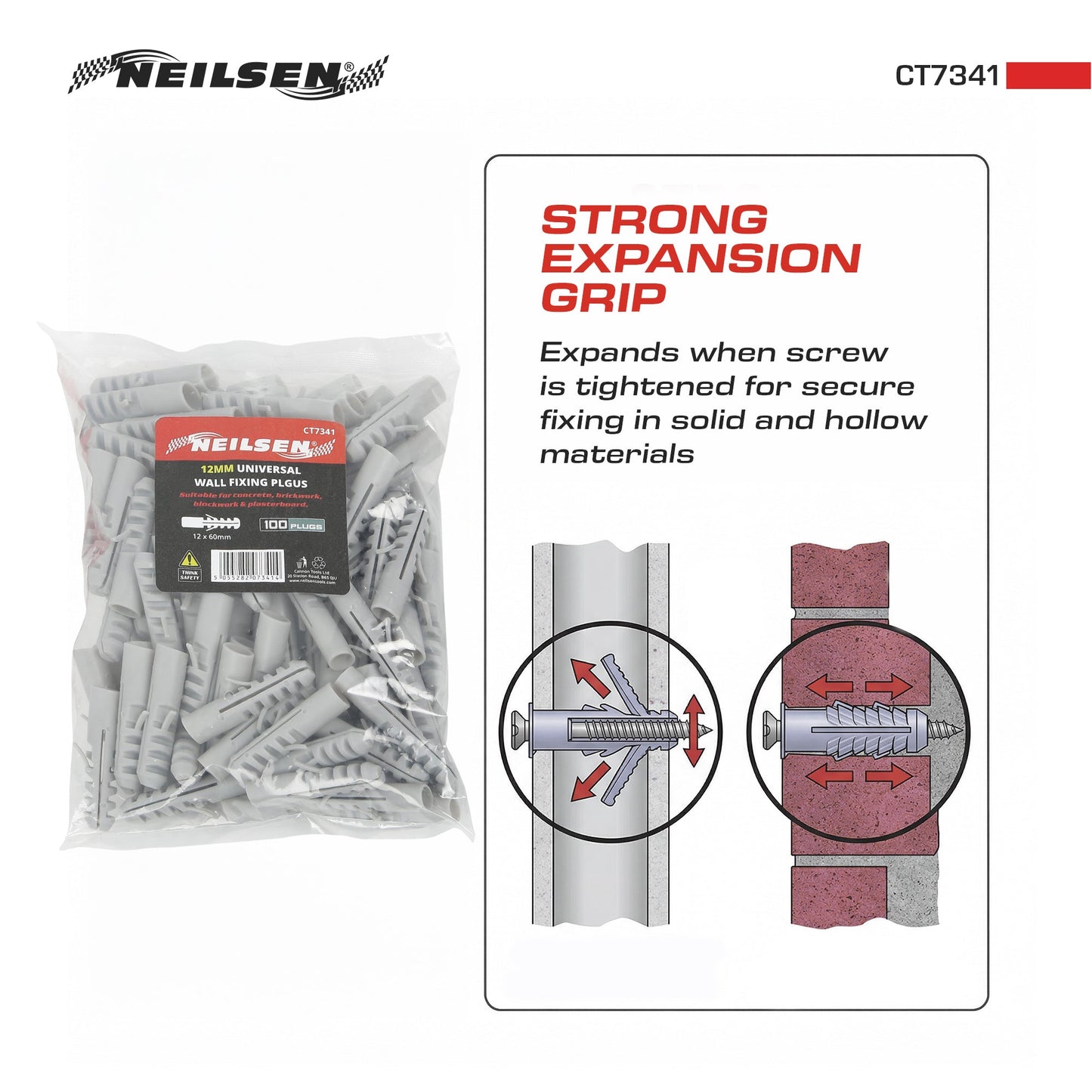CT7341 - Universal Wall Fixings Anchors Grey 12mm 100 Plugs