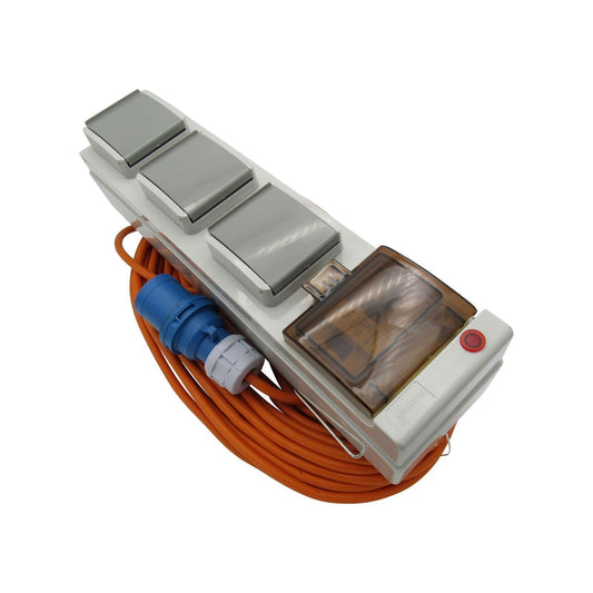 ZZNXMMU - Mobile Mains Hook Up Cable 20 Metre (Electric Caravan Camping 3 UK Plug Sockets)